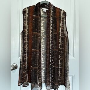 Women's sheer brown and tan patterned kimono style vest EUC